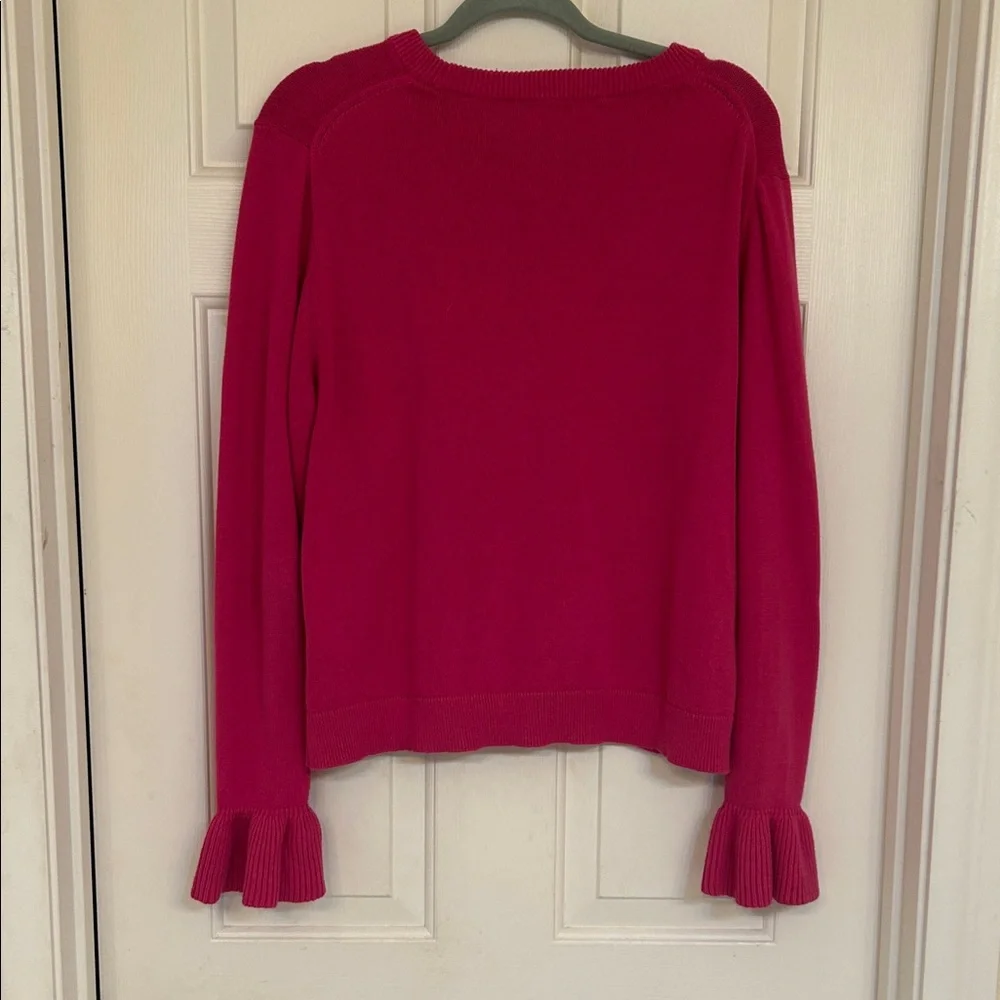 J. Crew Women's Crewneck Sweater in Hot Pink with Ruffle Sleeve XL